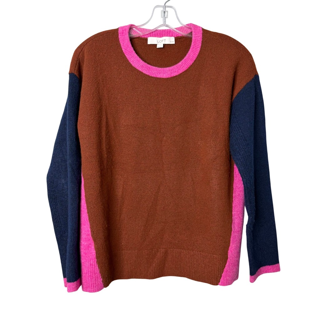 Loft Colorblock Sweater Womens Medium Petite Brown Pink Blue Crewneck Knit Top